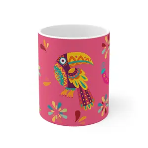 Colorful Bird Design Coffee Mug 11oz, Personalized Boho Decor Gift, Tea Cup for Her, Birthday Present, Home Office Accessories, Trendy Ceramic Drinkware