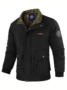 Men's Vintage Workwear Jacket, Colorblock Plaid Lining, Back Personalized Print, Multiple Pockets Badge Decor, Casual Fall & Winter Fashion