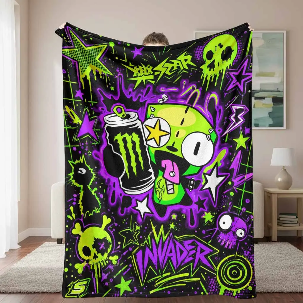 Neon Colors Flannel Fabric Green Alien Print Blanket - Funky Unique Home Decor, Invader Graffiti, Star Skull Spray Paint Pattern, Breathable, Wrinkle-Resistant, Lightweight Soft Cozy Throw for Home/Sofa, General Use for Adults