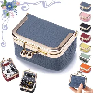 BOOVO Genuine Leather Mini Jewelry Box Portable Vintage-Inspired Coin Purse with Kiss Lock for Earring Ring Necklace Bracelet Travel Ring Box in Various Colors