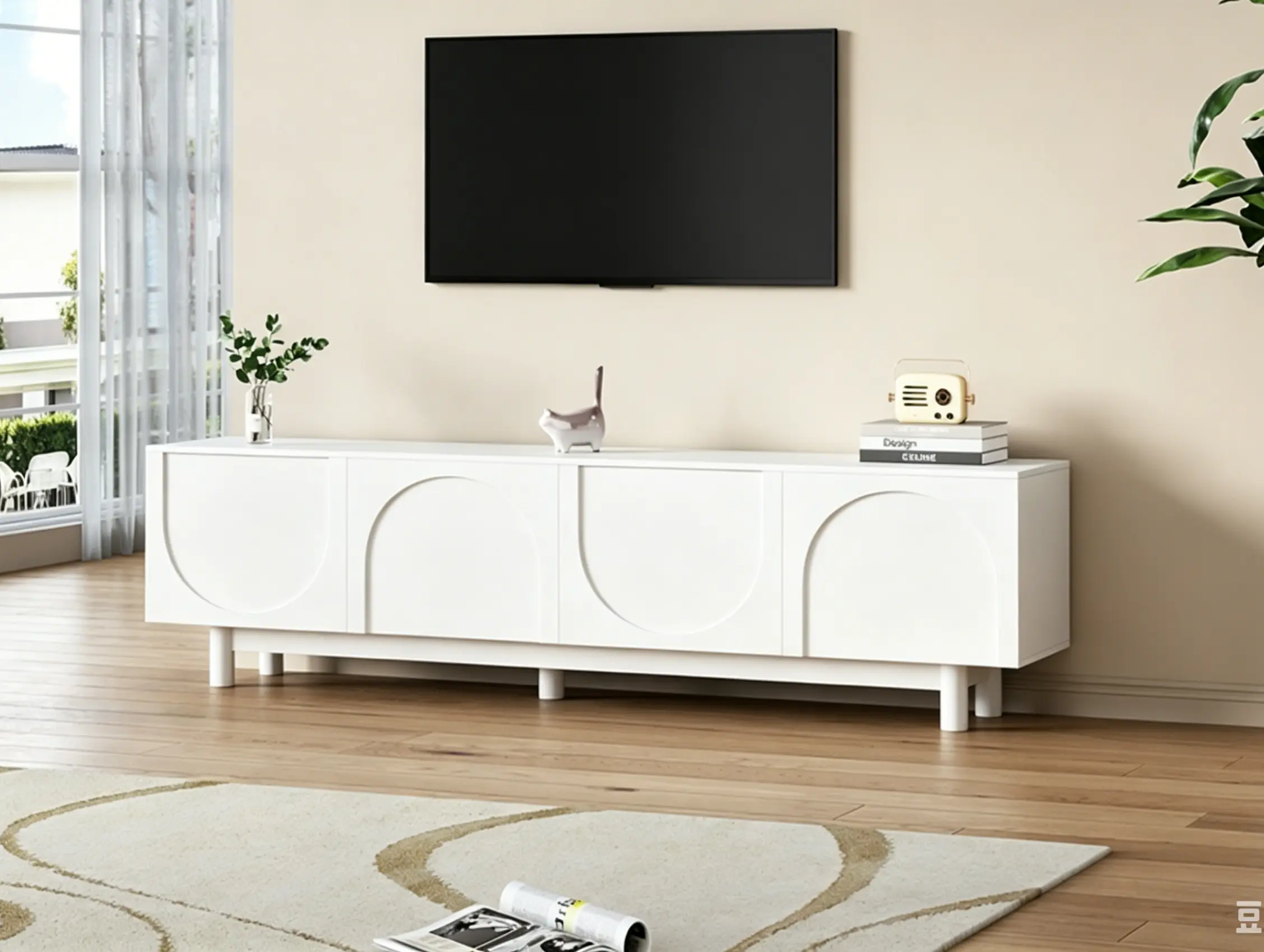 Black Cream Stylish Thick Wavy TV Stand, 4-Cabinet Solid Media Console with Adjustable Shelves, Cylindrical Legs & Cable Holes, Fits 75-Inch TVs for Living Room