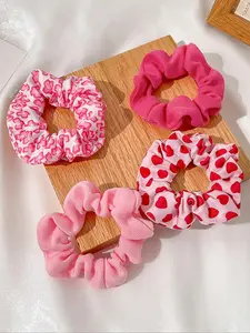 Y2K-Style Women's Knit Scrunchies with Heart Patterns, Cute & Pinkish- Hair Ties, Elegant Hair Accessories for Daily Use