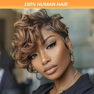 New Hot Highlight Brown Wig Chic Pixie Cut Curly Wig Straight and Curly Human Hair Wig Elegant and Laryed Style Perfect for Daily Wear & Parties