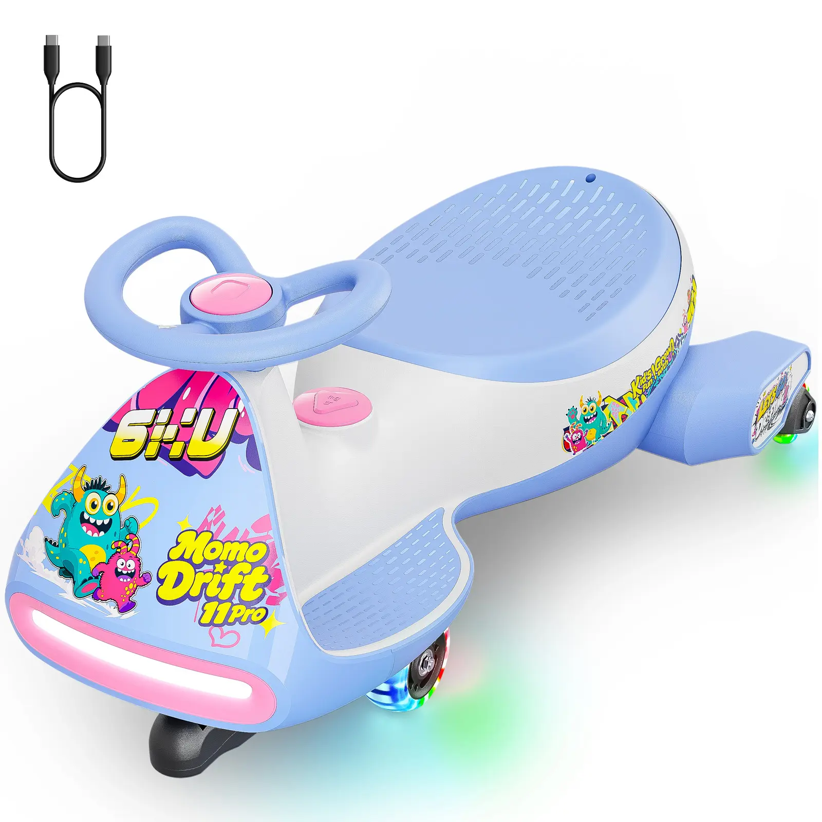 6KU Momo Drift 11 Pro Electric Go Kart, Wiggle Drift Car, Type-C Charge | Thickened Tires, Max 4 Mph, Flashing Wheels, Kids Car with Bluetooth, Anti-Rollover, 150 Lbs, Ride on Car for Ages 3+