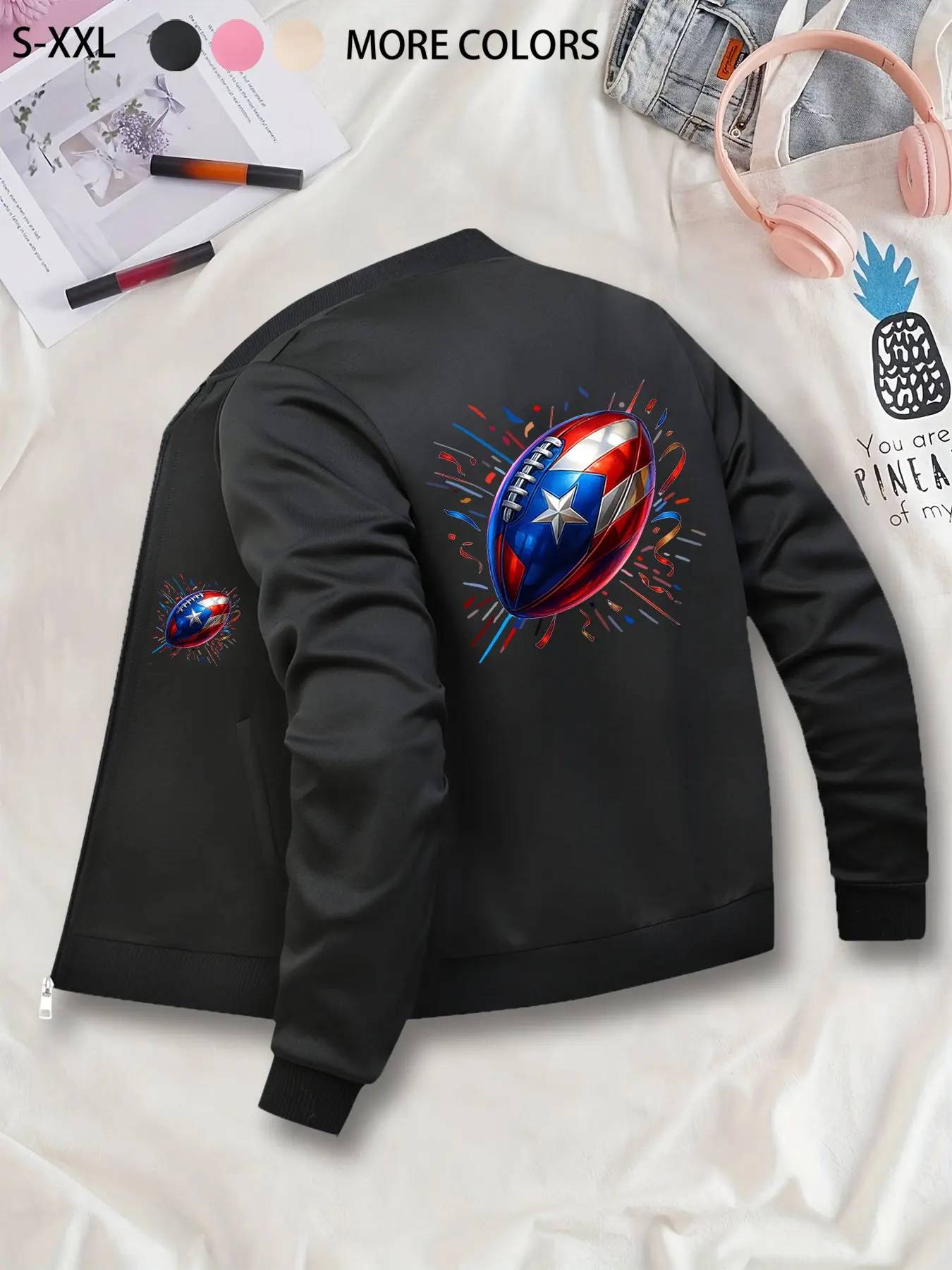 Fashionable Trendy Men's Captain America Football Printed Baseball Jacket, Casual Sporty Daily Wear Top, Casual Zip-Up Jacket, Stand Collar, Polyester Knit Fabric, Slim Fit, Pocket Detail, Perfect for Fall & Winter
