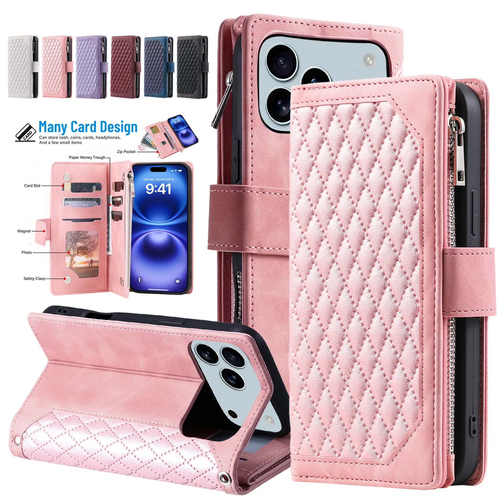 Crossbody Wallet Case For iPhone 17 Pro Max 16 15 14 13 12 11 with Card Slot & Kickstand, Shockproof Flip PU Leather Magnetic Closure Flip Handbag Zipper Purse Phone Case