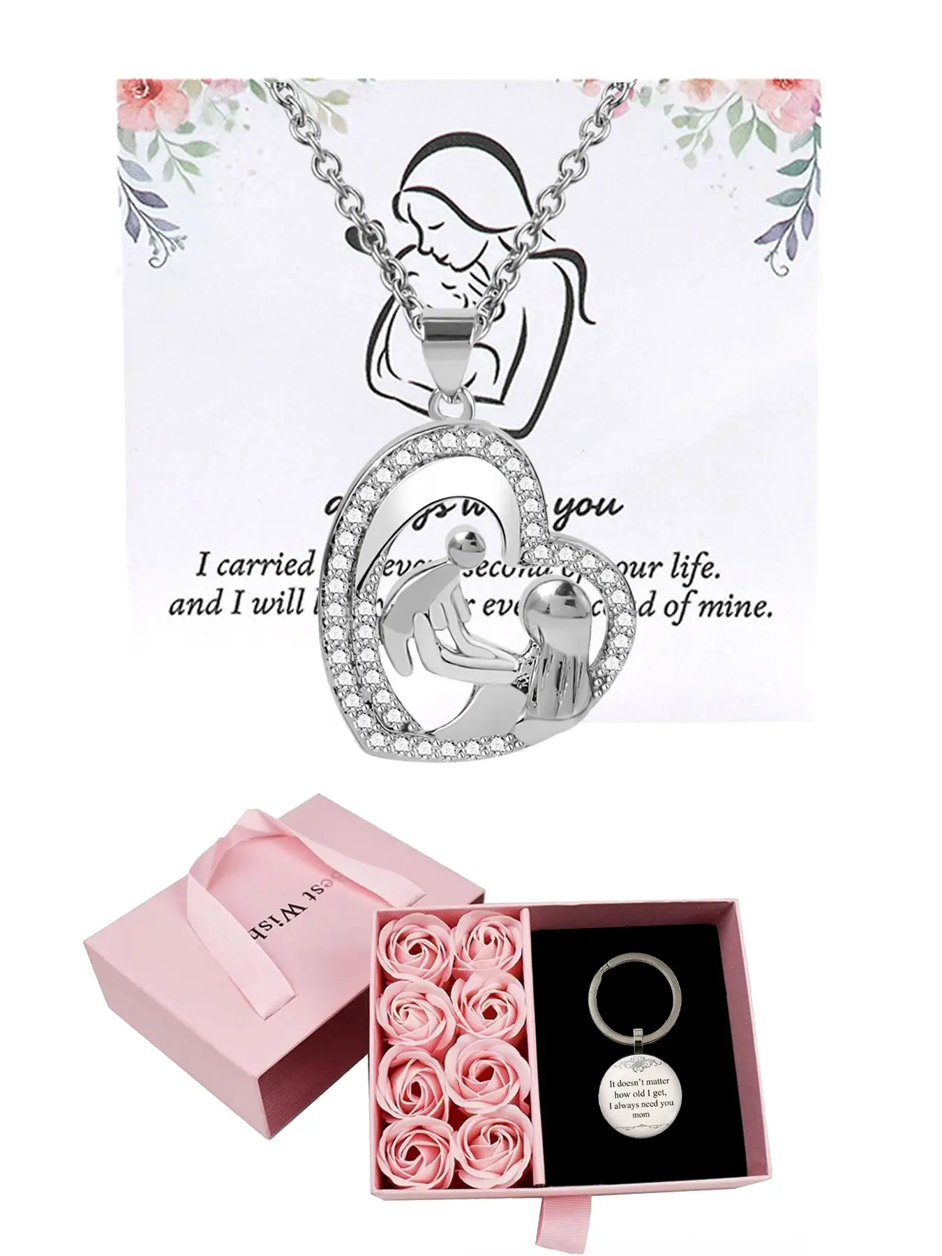 Mother's Day gift for mom: A mother-daughter/mother-son necklace with a pink rose box + a "Mom, I Need You" keychain, "You are always in my heart" - gift for Mother's Day, a jewelry gift for moms, Inspirational Jewelry