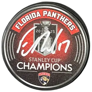 Evan Rodrigues Autographed Florida Panthers (2025 Stanley Cup Champs Logo) Hockey Puck - JSA