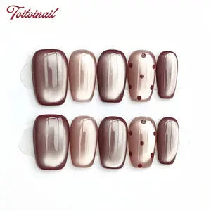 10pcs Handmade Press On Nails Acrylic - Medium Length Square Stiletto Burgundy & Beige Nails, Handcrafted Shimmer & Dot Decor Elegant Gentle Style, for Daily Wear & Office with Jelly Glue & Nail File Summer Nails