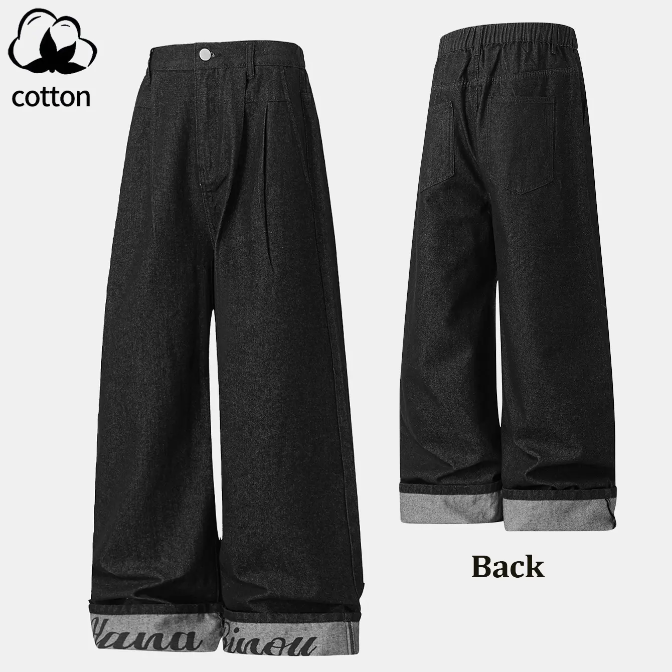 Men's Stylish Wide Leg Trousers, Baggy Cotton Blend Pants with a Pleated Front and Graphic Flip Cuff for Skate and Urban Streetwear, Menswear, Baggy Jeans, All Seasons, Flip Cuffs, Outfits, Hem, Casual, Loose, Pockets, Clothes
