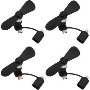 Mini 2-in-1 Cell Phone Fan for  and Android Cellphones with Type C/USB C Port (4 Pack) - Small Personal Portable Pocket Fan Plug in Mobile Phones iPad for Outdoor Travel Commuting (Black)
