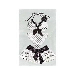 2026 new summer black and white polka dot three piece bikini ruffle bow split swimsuit retro sweet girl style beach swimsuit Y2K