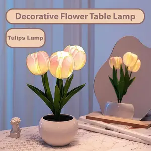 Pink LED Tulip Flower Table Lamp with Vase & Artificial Flower Decor, Elegant Home Decor Gift for Bedroom, Wedding Centerpiece supply school