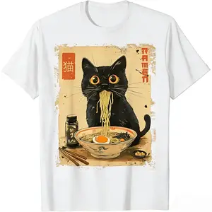 100% Cotton Stylish Vintage Kawaii Cat Ramen Graphic T-Shirt For 100 Cotton Comfortable Crew Neck Short Sleeve Casual Top With Heat Transfer Print Regular Fit All Season Wear Made In USA T-Shirt For Men and Women