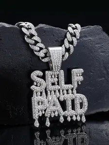 Street Punk Letter 'self Paid' Necklace, Water Drop Pendant & Iced Out Blingling Cuban Chain, Unisex Jewelry, Perfect Gift