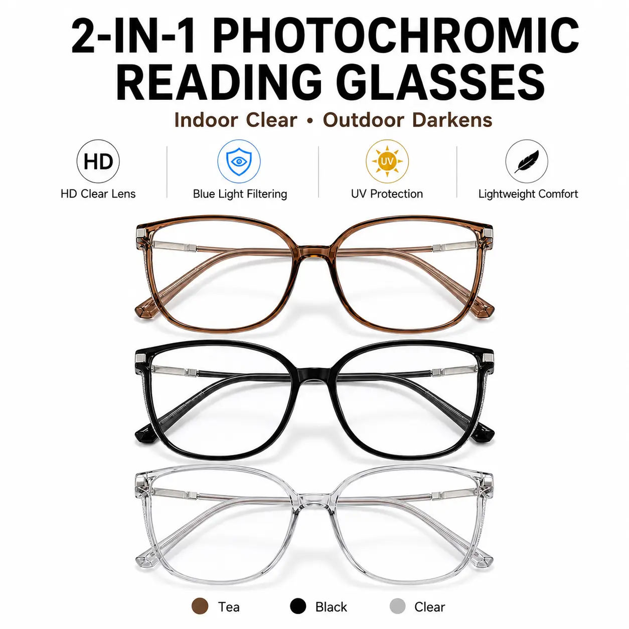 2-in-1 Photochromic Reading Glasses for Men & Women, Indoor Clear Outdoor Darkening Readers, Blue Light Filtering UV Protection, Lightweight Square Frame Eyewear