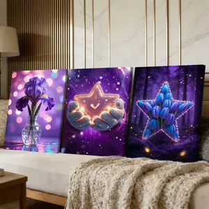 3 Counts Wooden Framed Canvas Painting, Dreamy Purple Flower And Star Light Images, Exquisite Poster, Perfect Gift, Decor For Living Room, Bedthroom, Modern Art, Fashion Family Poster, Wall Art Decoration