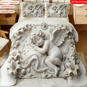 3 pcs, 2D flat print Angelic Relief Art bed cover set, Cherub & Floral Theme, multiple sizes available, bedding set, festive decorative bedding, ideal for bedroom decor(1 bedspread , 2 pillowcases)