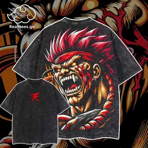 EALITEESS.GO-Oversized Vintage Akuma Street Fighter Tee Acid Washed T-Shirt, Graphic Design Streetwear Game T-Shirt for Men Women S 5XL