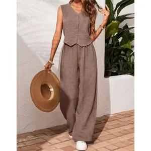 Women's 2 Piece Vest and Pants Set, Casual Button Down Waistcoat and Wide Leg Pants Matching Outfit