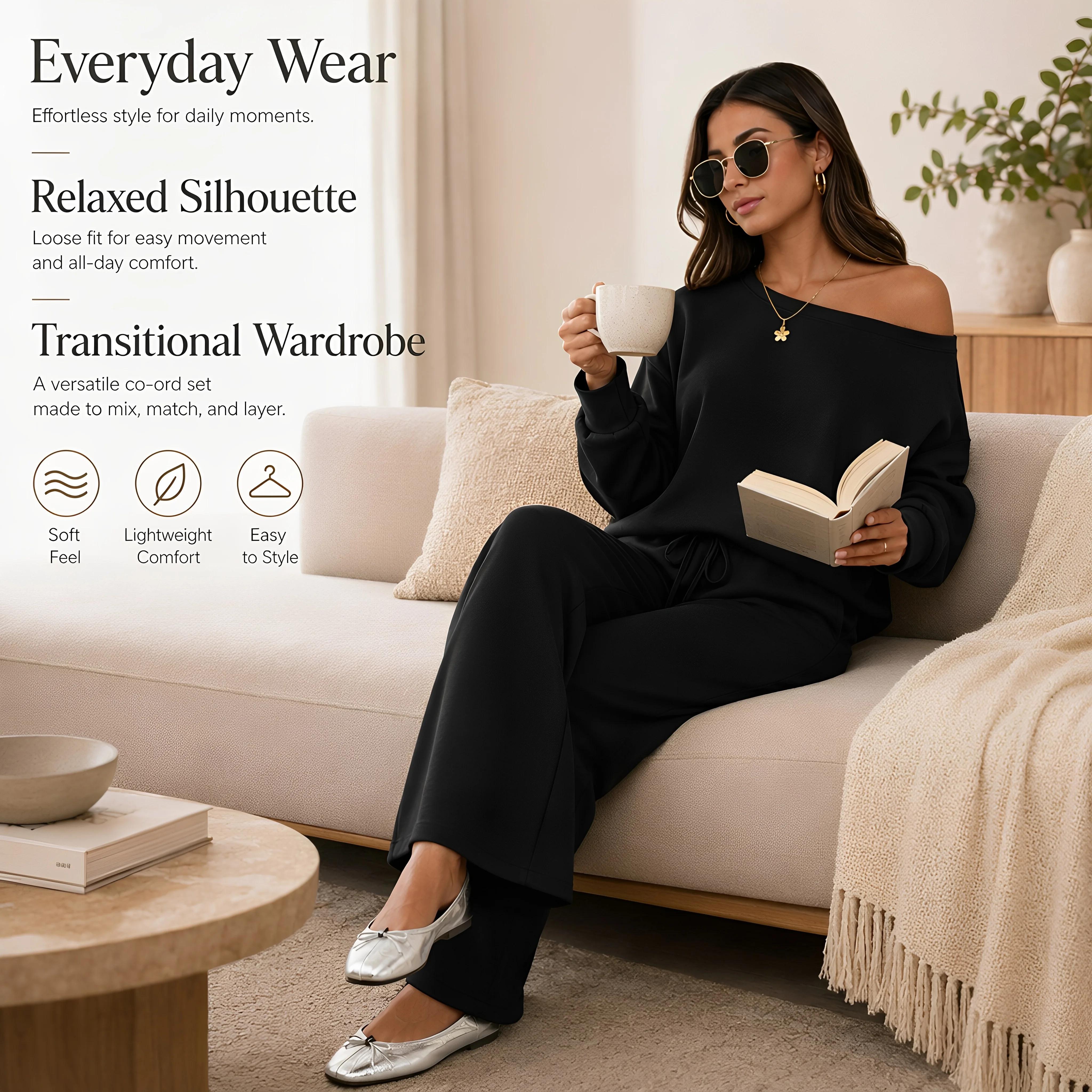 2026 Autumn Women's Leisure Solid Color Sloping Shoulder Long Sleeve Top & Wide Leg Trousers Co-ord Set & Separates, Minimalist Scoop Neck Loose Outfits, Casual Womenswear, Silky, Classy, Soft, Style, Spandex, viscose, Loose Fit, Women 2 Piece Sets, Plain