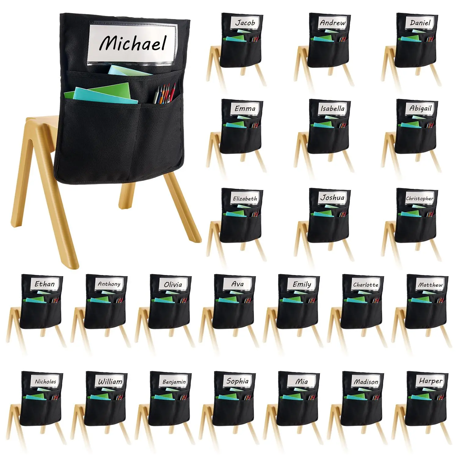 【summerfinds】VEVOR Chair Pockets for Classroom, 24 Pack, 14 x 15 Inches Chairback Buddy Pocket with Name Tag, Back of Chair Organizer for Kids in Classroom, Kindergarten, School, and Home, Black, Office Stationery Supplies, Desk Organizer Tidy, Desk Su