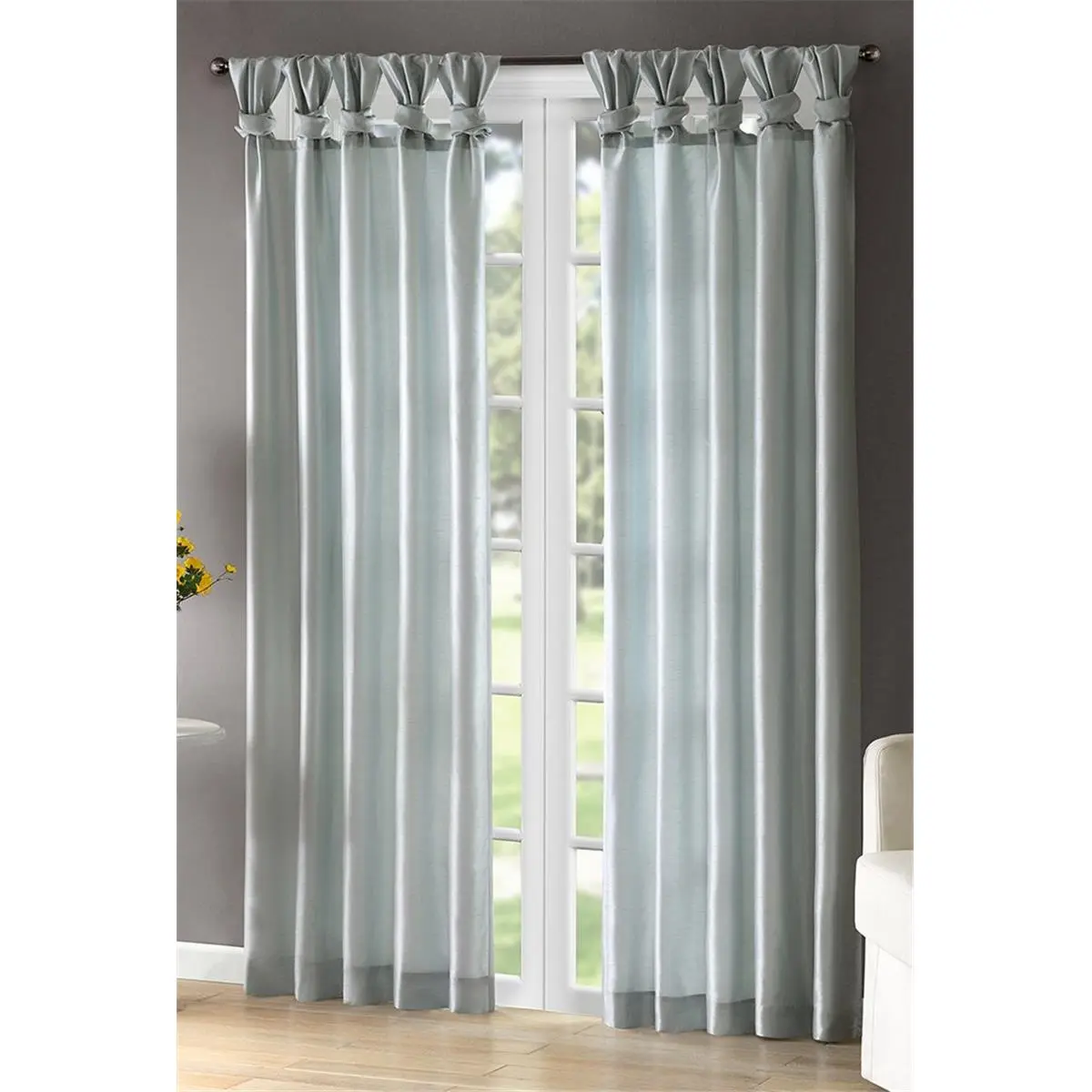 Madison Park 100% Polyester Solid Faux Silk Twisted Tab Lined Window Panel - Dusty Aqua, Deep Folds, Machine Washable, No Bleach, Hanging Instructions Included