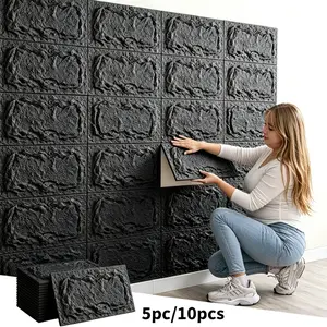 5/10pcs 3D Brick Texture Thick PU Rock Wall Stickers, No-Trace Glue, Modern Rock Pattern, Indoor Decoration, Durable Surface, Designer Use