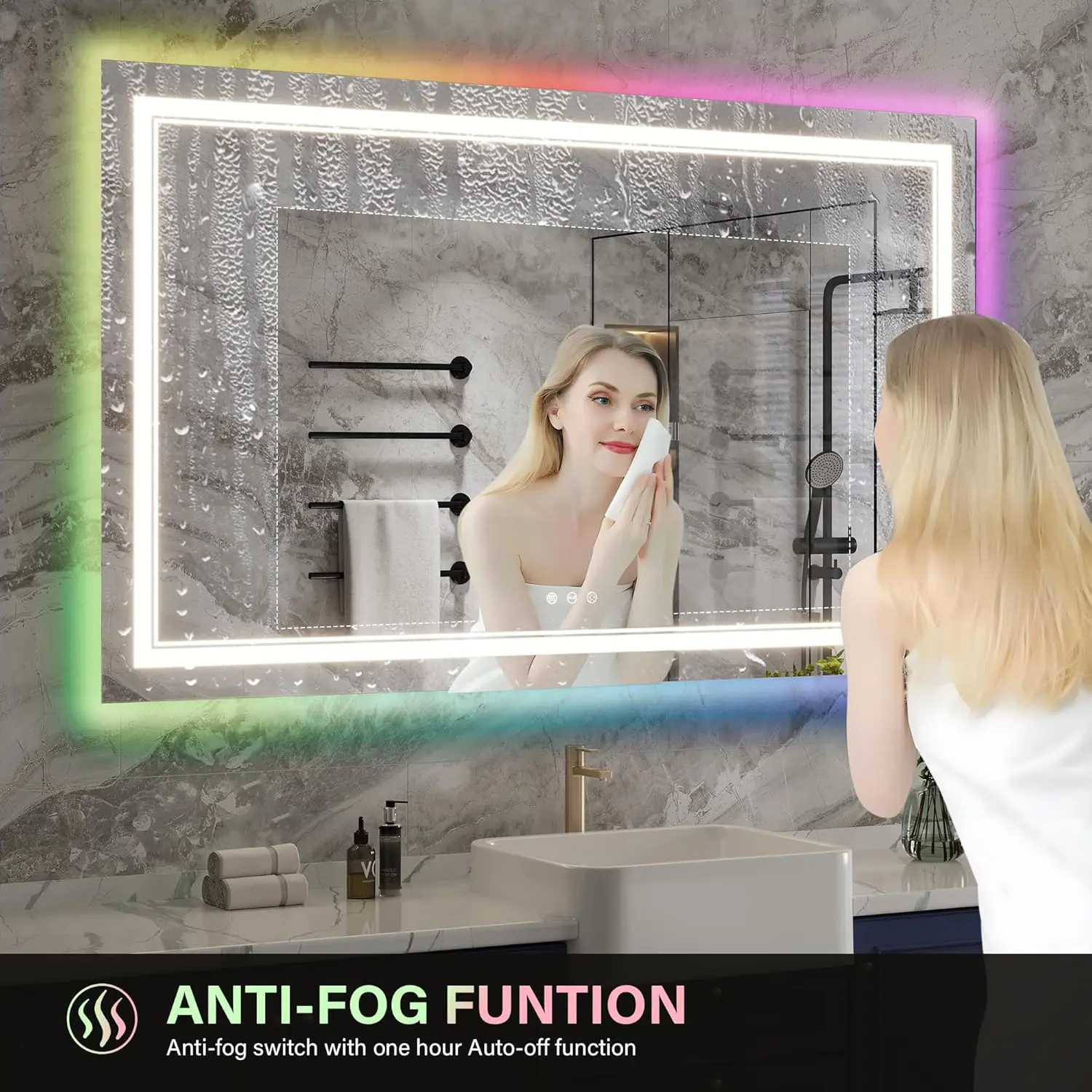 32X24 RGB LED Bathroom Mirror with Lights Front and Backlit Lighted Vanity Mirror for RGB Bathroom Wall with 3 Colors Dimmable, Anti-Fog Memory Shatter-Proof IP54 Waterproof, Horizontal/Vertical