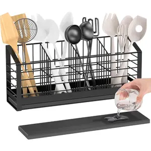 Extra Large Utensil Holder for Kitchen Counter, Kitchen Cooking Utensil Holder Organizer Kitchen Utensil Racks with Drying Base Cooking Tools Storage for Countertop Sink Cutlery Holder, 4 Compartments