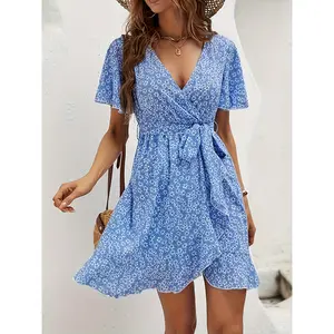 Women'S Elegant Floral Peplum Dress with Criss Cross Neck and Belt Detail, 100% Polyester Fabric, All-Season Versatile Style, 110g/m² - LF22111