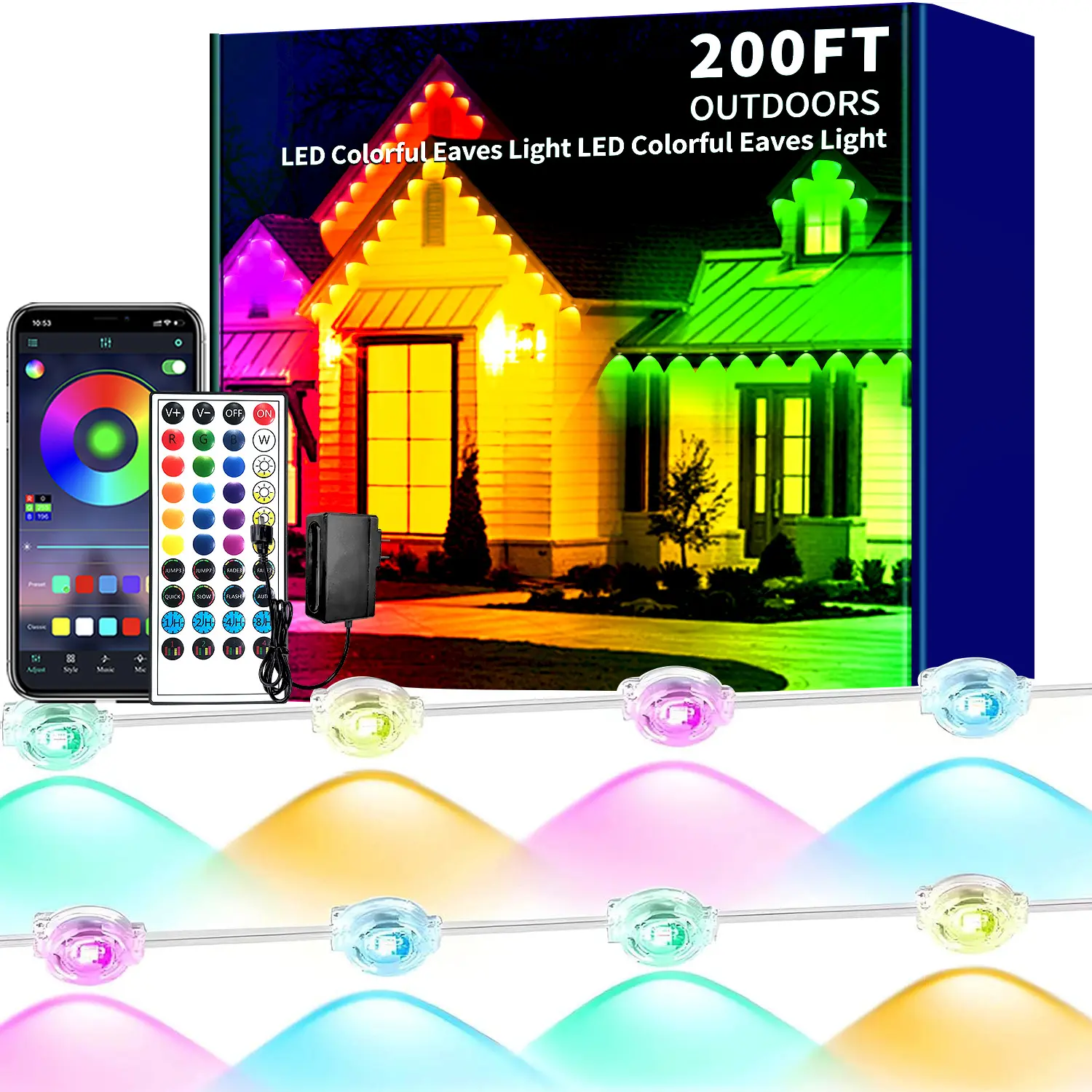All-Weather Resistant Outdoor Eave LED Lights, Upgraded Lens RGB Color Changing Strip Lights, DIY Smart Lighting with Dual Control for House Eave, Garden, Holiday Party Decor