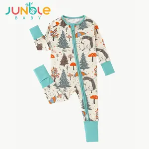 JUNBLEBABY Bamboo Baby Romper with Christmas Tree & Hedgehog Print Double Way Zipper & Feet Mittens Cover One Piece Jumpsuit for Autumn Comfort Winter