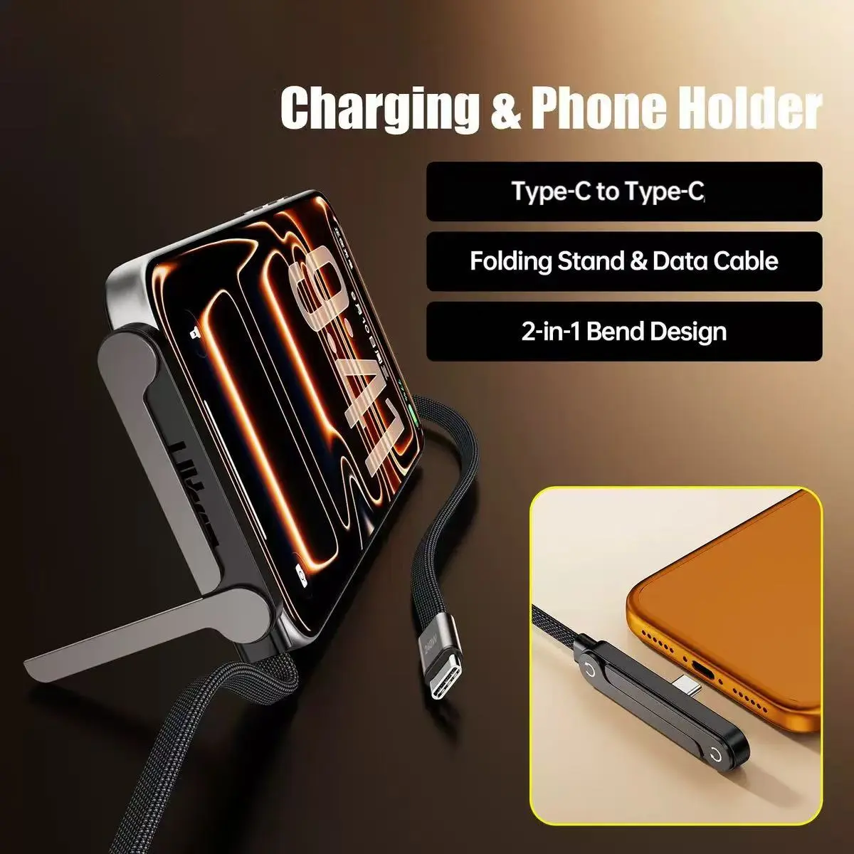 Stand Type-C Charger Cable 2-in-1 Super Fast Charging Cord Phone Holder for Smartphone Mobile Gaming Office Use Black, Type-C Plug