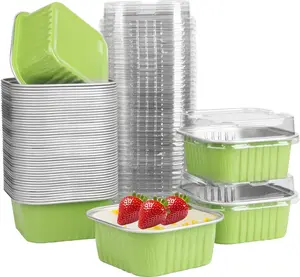 50 count Mini Square Baking Cups with ,5oz  Foil Mini Cake Pans with ,Disposable Ramekins Cake Pans,150ml Dessert Cups Cupcake Pans for Wedding Birthday Party,Light Green