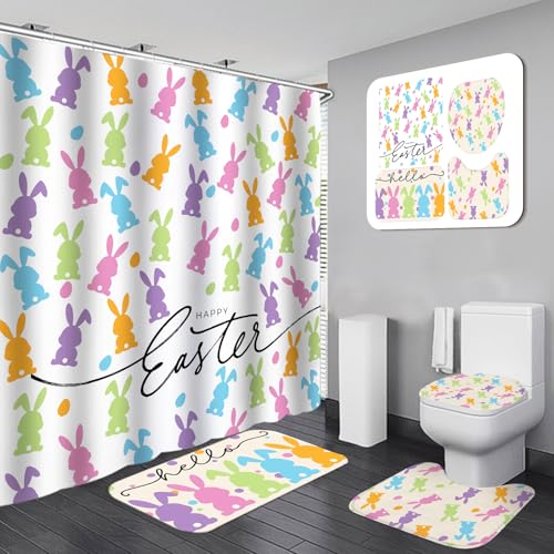 4/8Pcs Easter Bunny Bathroom Decor Set including 70x70in Waterproof Bunny Flower Shower Curtain with Hooks & Non Slip Bath Mat & U shaped Rug & Toilet Lid Cover for Spring Bathroom Makeover Home Supplies