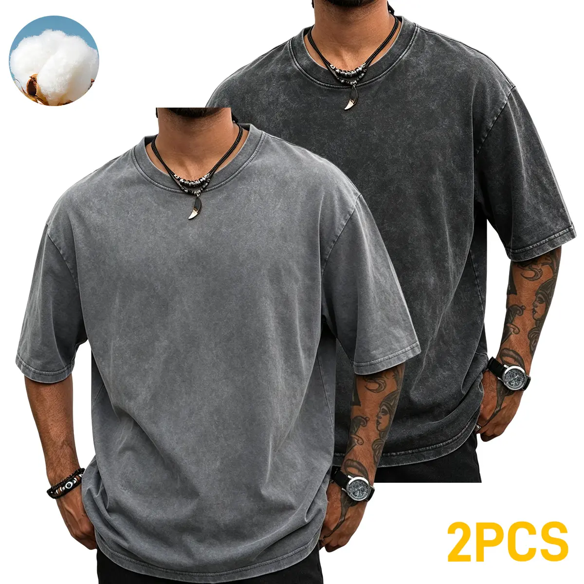 Set of 2 men’s T-shirts, washed finish, pure cotton material, loose fit, unisex top, casual and soft—ideal for everyday wear and leisure sports.