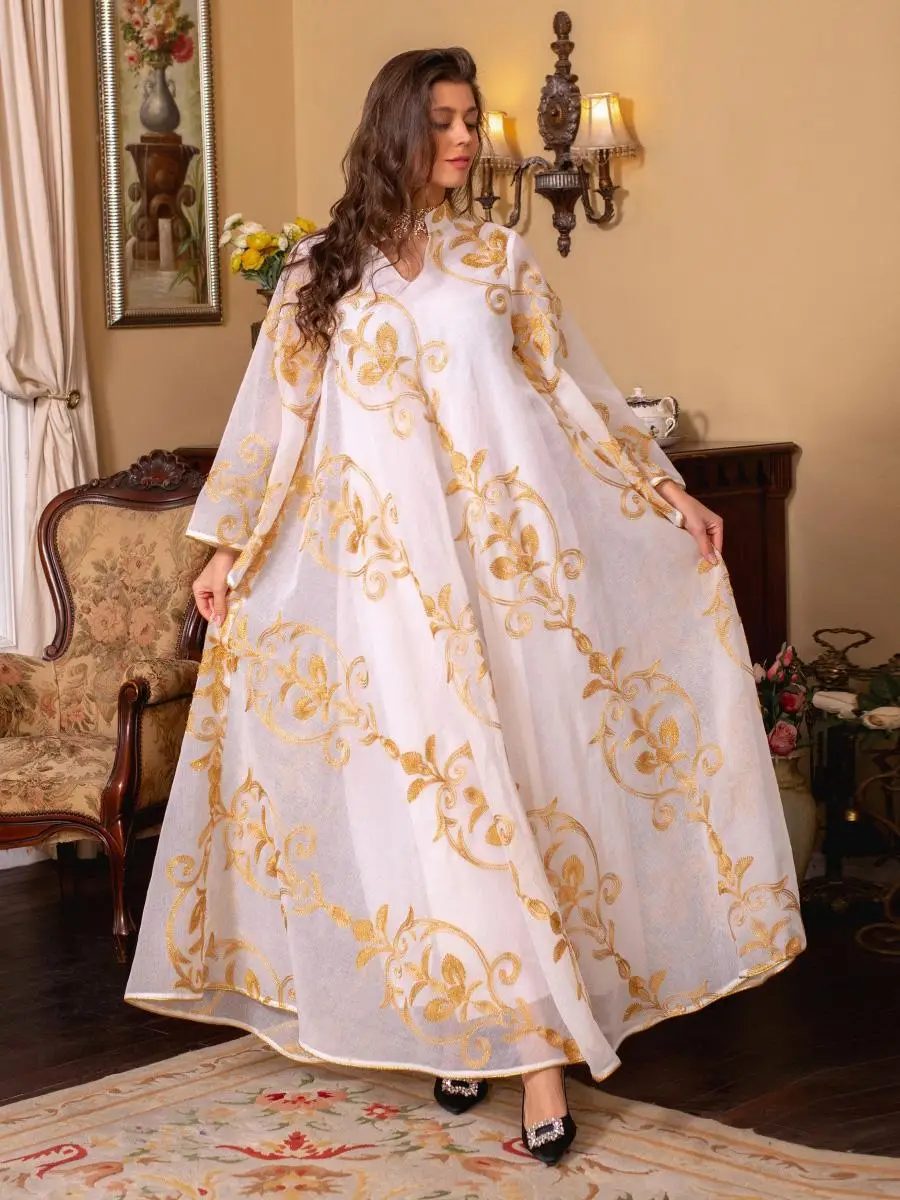 Women's Floral Embroidery Contrast Mesh Belted Arabic Dress, Flounce Sleeve Notched Arabian Dress, Women's Islamic Clothing for Spring & Fall Party