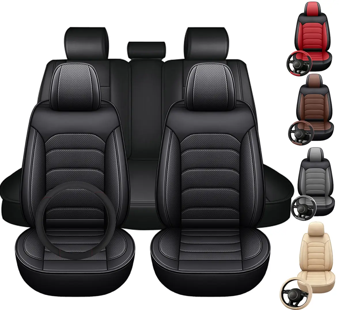 For Toyota Tacoma Car Seat Cover 5 Seats All-Season PU Leather Anti-Scratch Waterprrof Front Rear Seat Protector Cushion pad Full Set & Car Steering Wheel Booster Cover ,Automotive Interior Decoration