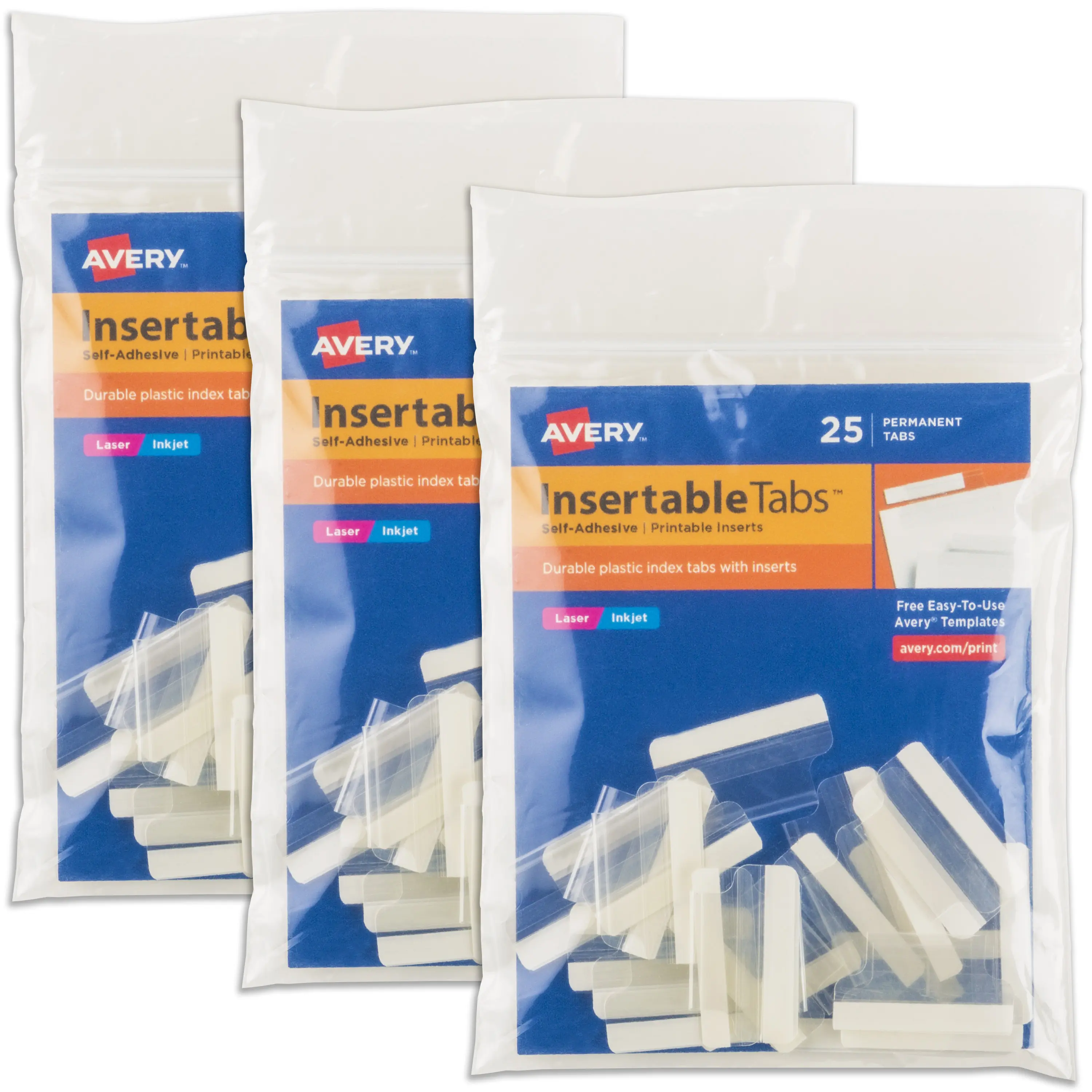 Avery Self-Adhesive Index Tabs with Printable Inserts, 1 Inch, 25 Tabs Per Pack, 3 Packs, 75 Tabs Total (16221)