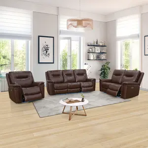 Brown Breathing Leather 3-Piece Living Room Recliner Sofa set