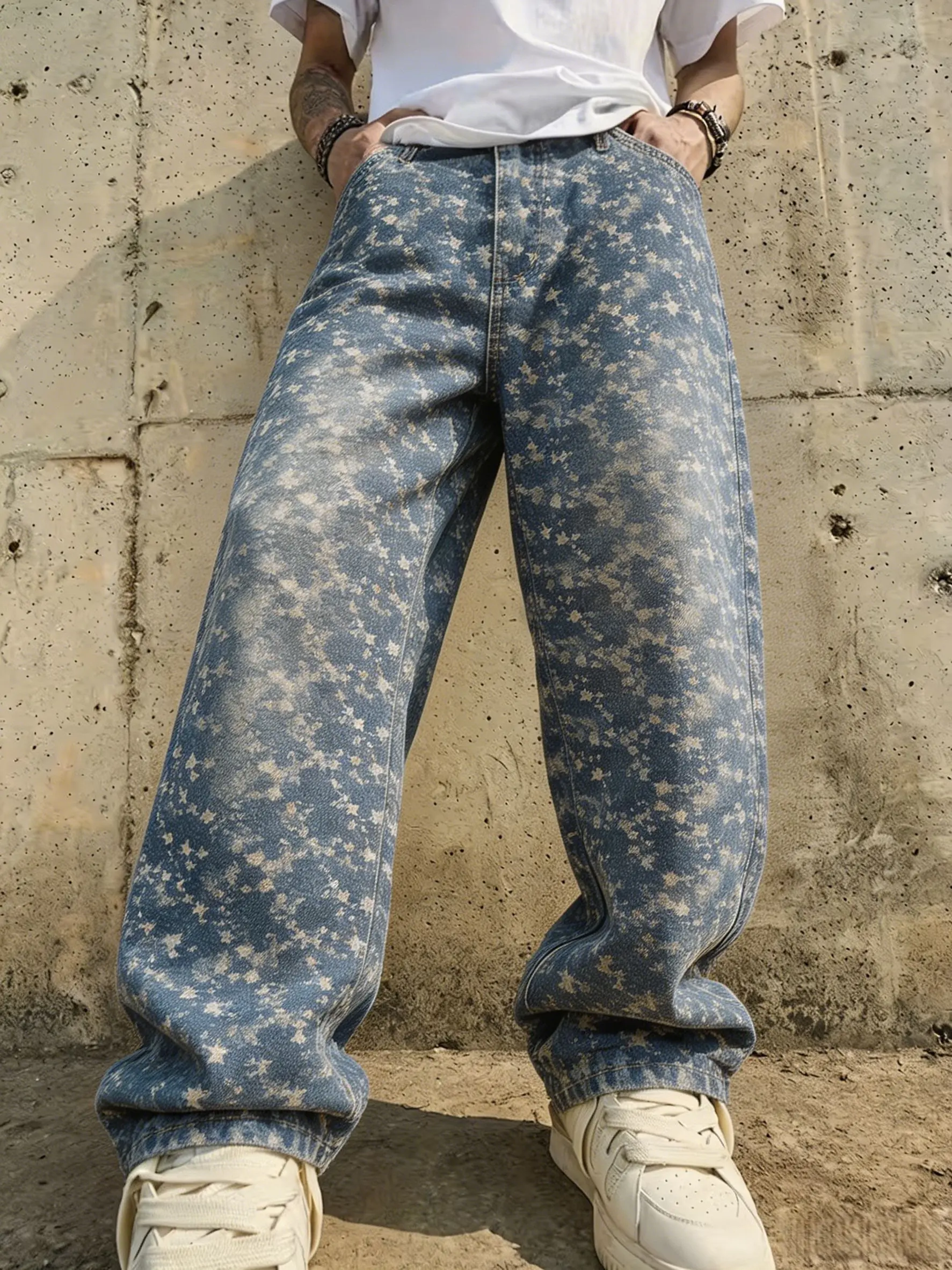Vintage distressed star print denim jeans — streetwear wide-leg pants with a drapey feel, casual straight cut; hip-hop oversized starry wide-leg denim pants