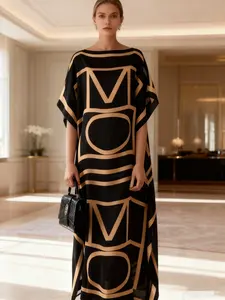 Elegant Style Women's Long Shirt Dress Set with Matching Scarf, Gold Geometric Pattern Design, Fashionable for Various Occasions