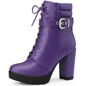 BLISSFUL STEP Women's Platform Lace Up Chunky Heel Buckle Ankle Combat Boots