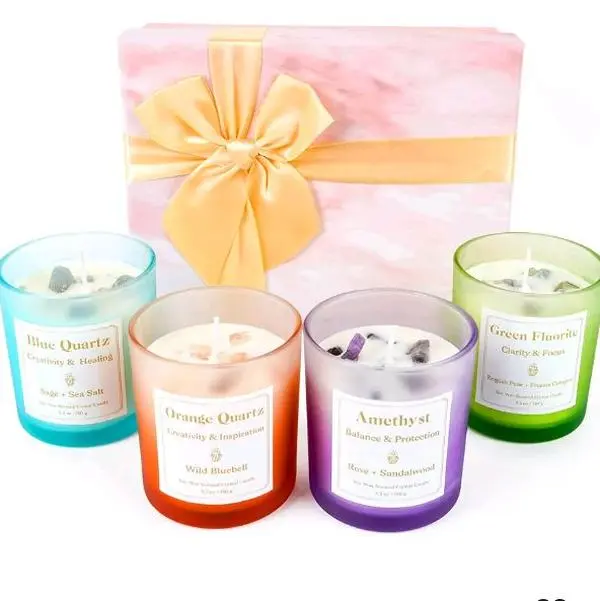 Scented Candles with Healing Crystals, Set of 4 Soy Candle with Crystals Healing Stones, Aromatherapy Candle Clearance Gifts for Women, Rose Sage Amethyst Wax Candles, Bathroom Candles for Relaxation