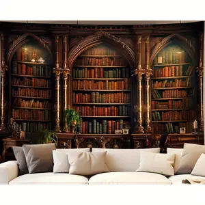 Elegant Vintage Bookshelf Tapestry - Retro Library Wall Decor with Classic Books & Ornate Shelves, Polyester Peach Skin Fabric, Ideal for Study Room, Dorm, Bedroom, Living Room, Dorm Wall Art |   Vintage Wall Decor |   Woven Texture, Book Decor