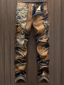 Men's Camo Print Patchwork Jeans, Casual Comfy Regular Fit Jeans for Daily Wear, Fashion Men's Bottoms for All Seasons