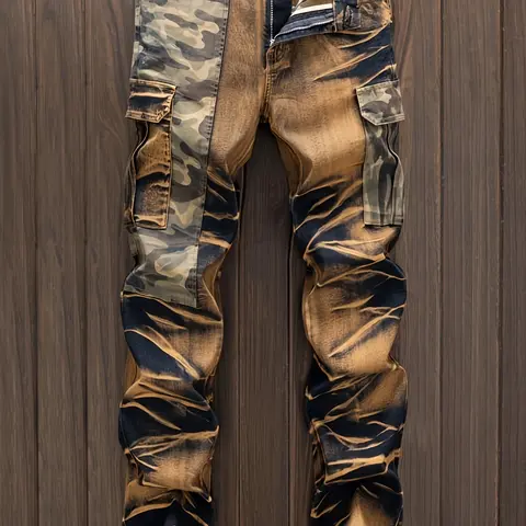 Men's Camo Print Patchwork Jeans, Casual Comfy Regular Fit Jeans for Daily Wear, Fashion Men's Bottoms for All Seasons, Classic