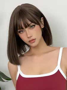 Bob Wig Short Straight Hair with Bangs, 12 Inch Natural Style, Suitable for Girls Daily Wear, Holiday Role Play, Party