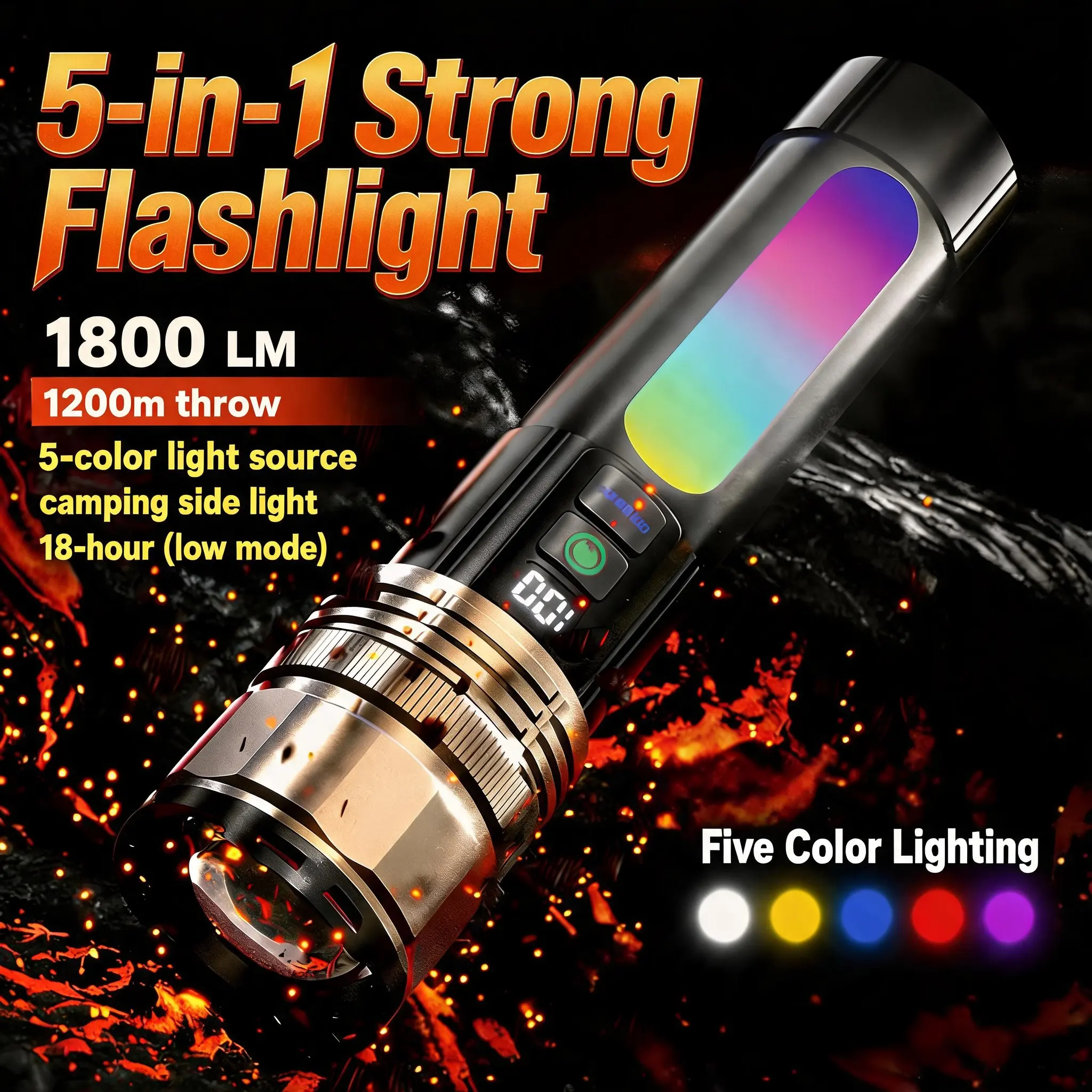 1800LM Strong Flashlight with 5 Color Beams (White, Yellow, Blue, Red, UV), 7-Mode Side Light, 18-Hour Battery, Laser Lights, Hands-Free Mount, Single Size for Camping, Search and Rescue (Adults)
